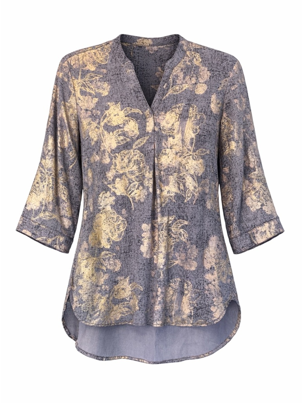 Soft Surroundings Blue & Gold Floral Tunic Blouse Size PM Petite Medium